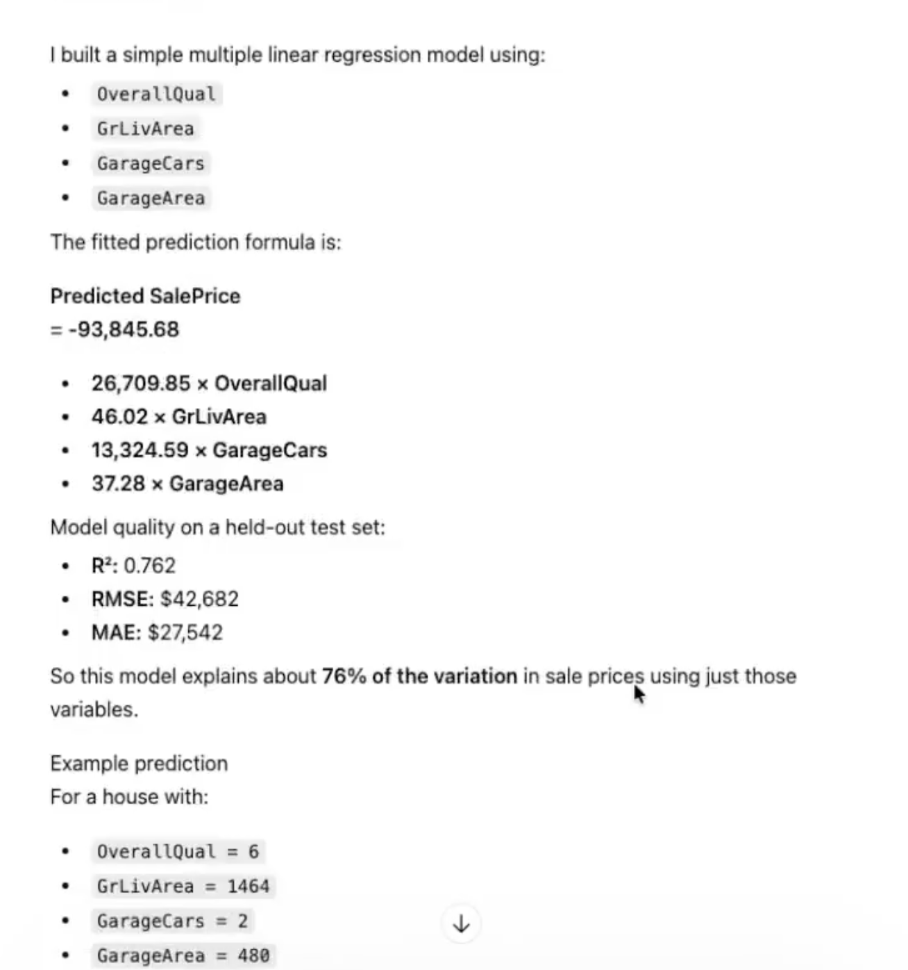 ChatGPT's complete answer — a regression formula, three metrics, one example prediction