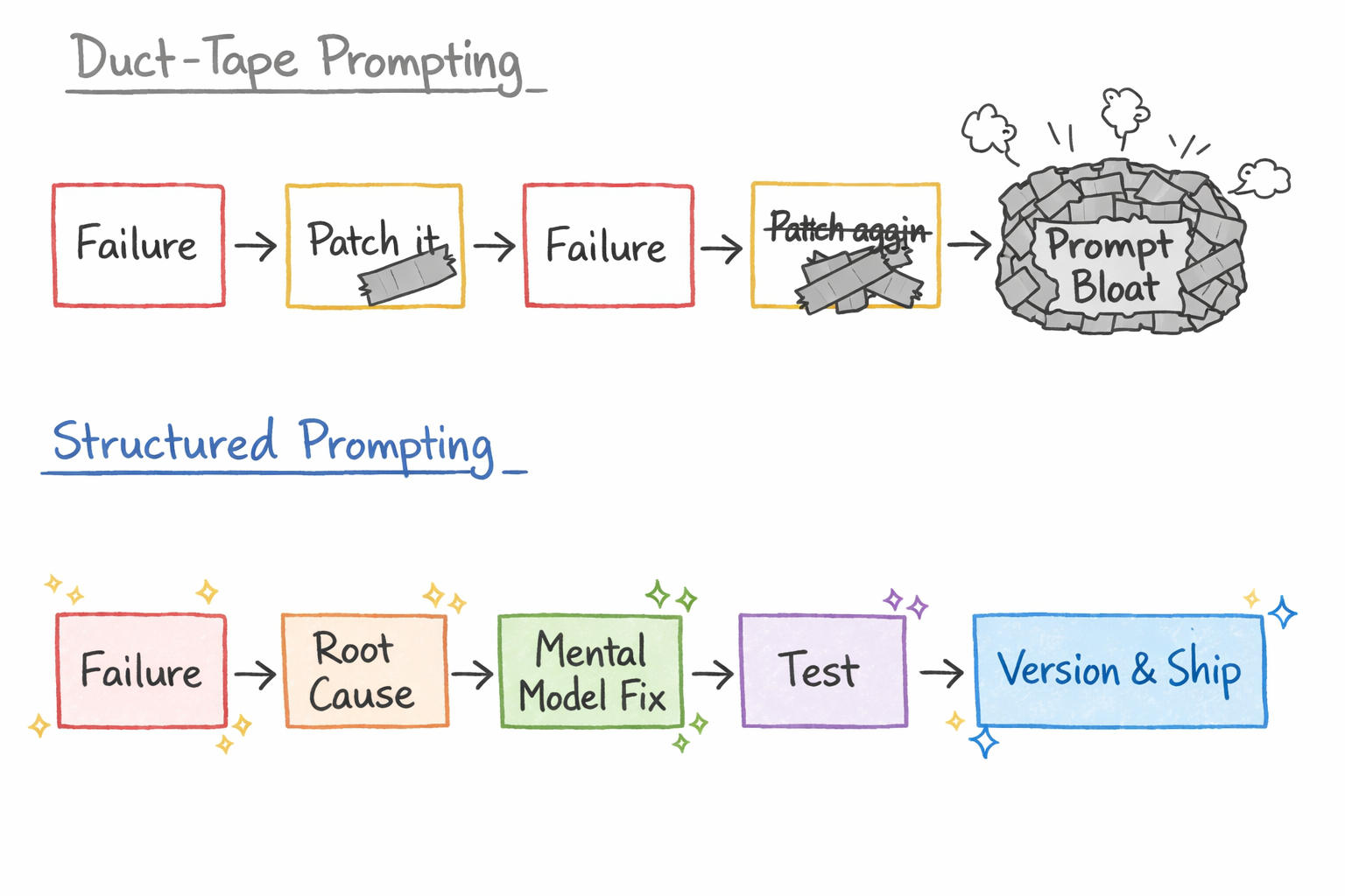 Duct-tape prompting vs structured prompt engineering — two flows showing the difference between patching symptoms and fixing mental models