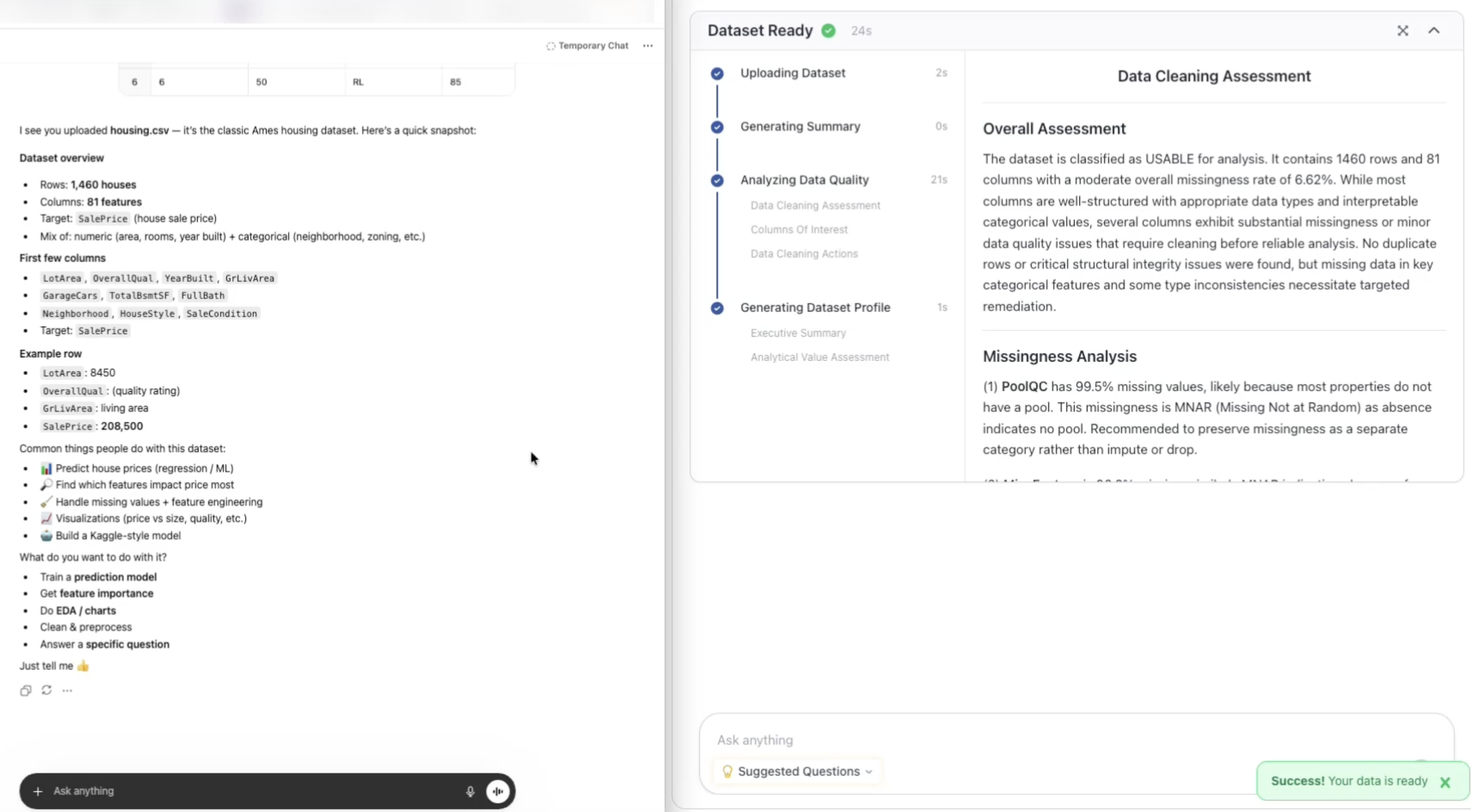 Side-by-side results — ChatGPT summary + menu vs. PlotStudio AI full data cleaning assessment